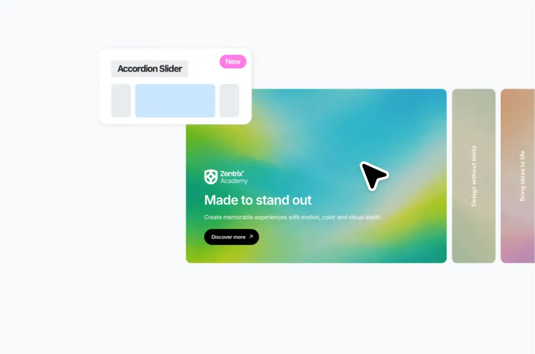 Accordion Slider element showcasing expanding content panels with colorful backgrounds and call-to-action buttons