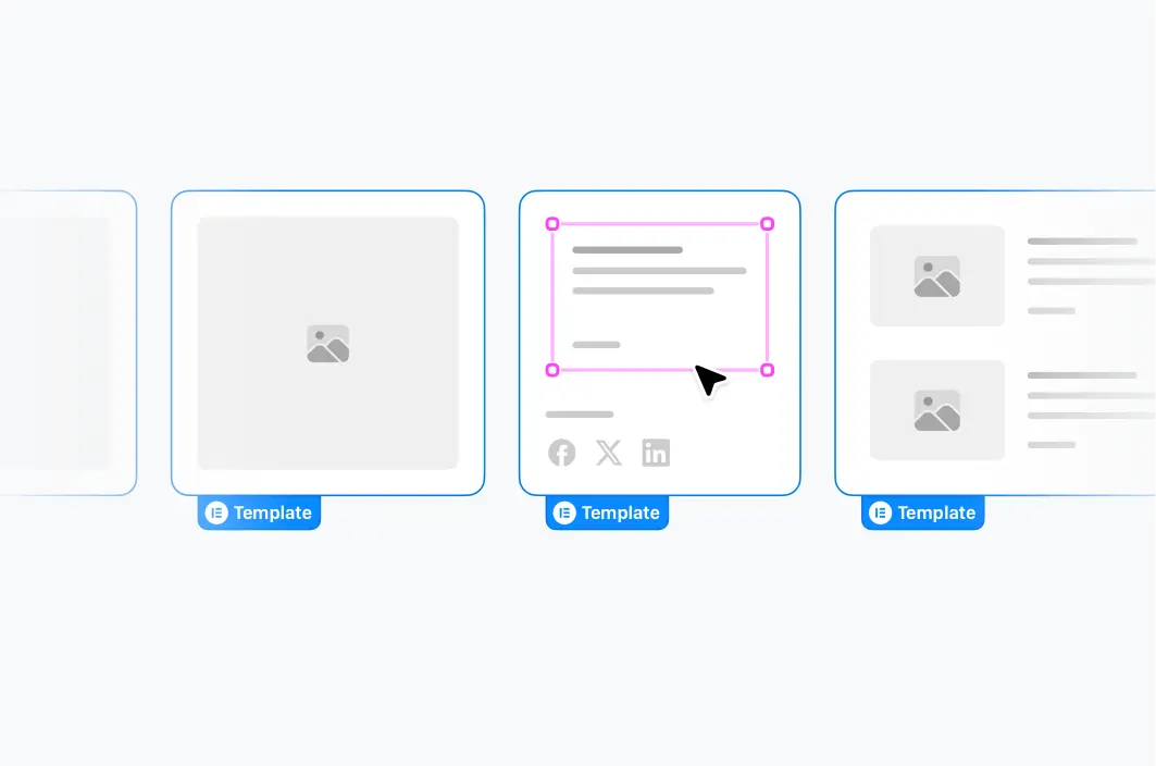 Marquee Templates showcasing custom Elementor cards with image, text, and mixed content layouts