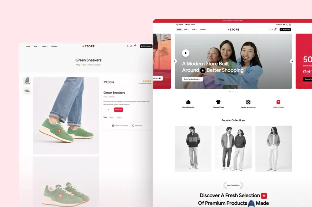 Store demo homepage and product page with red accents and a modern fashion shop layout